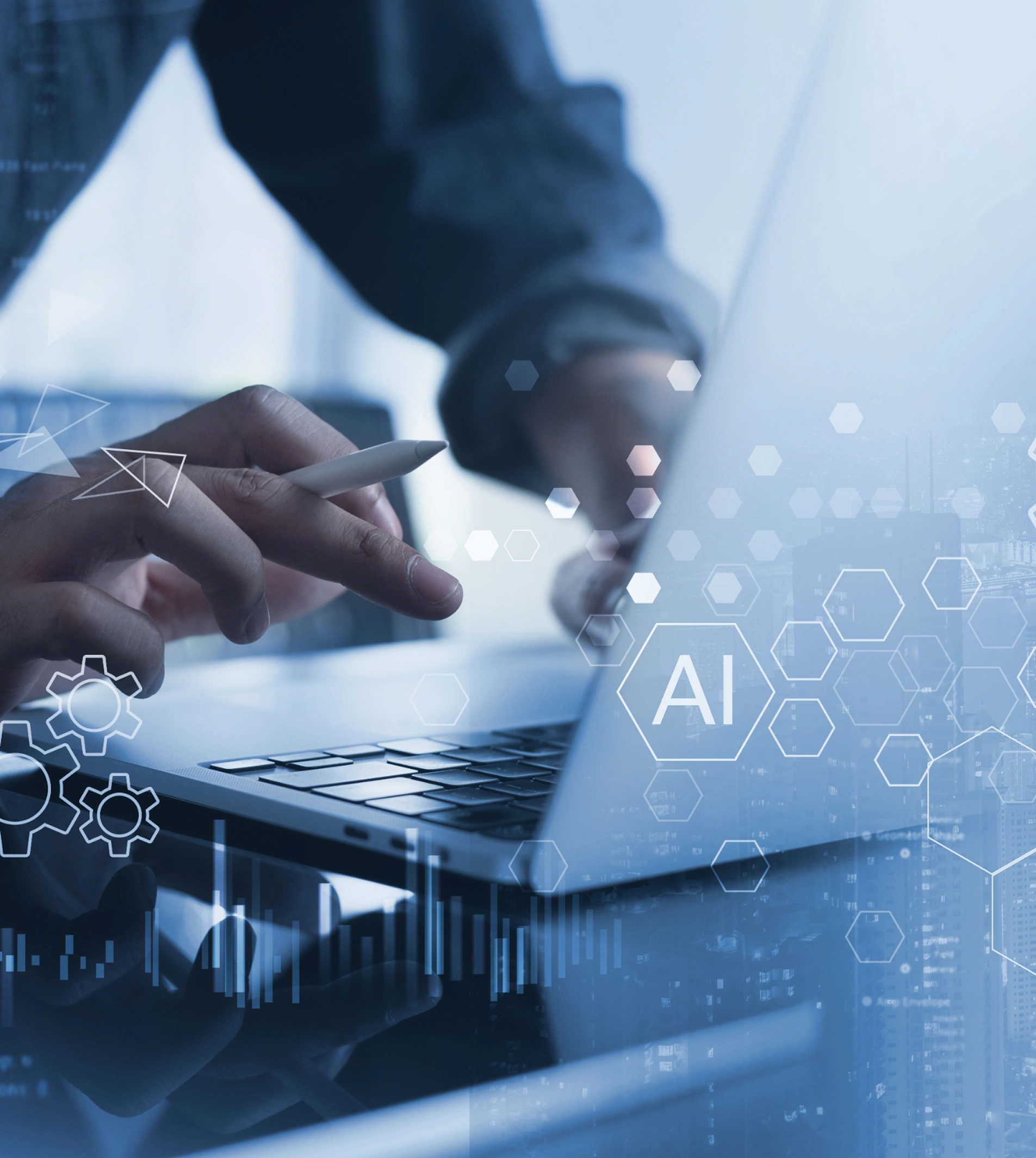 Close-up of hands interacting with a laptop, with overlay graphics suggesting artificial intelligence, data analysis, and technology.