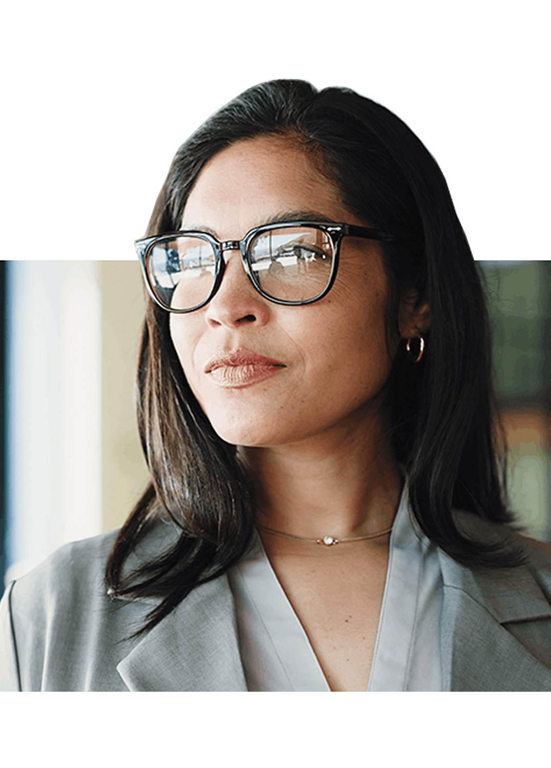 Women with glasses on and face to other side