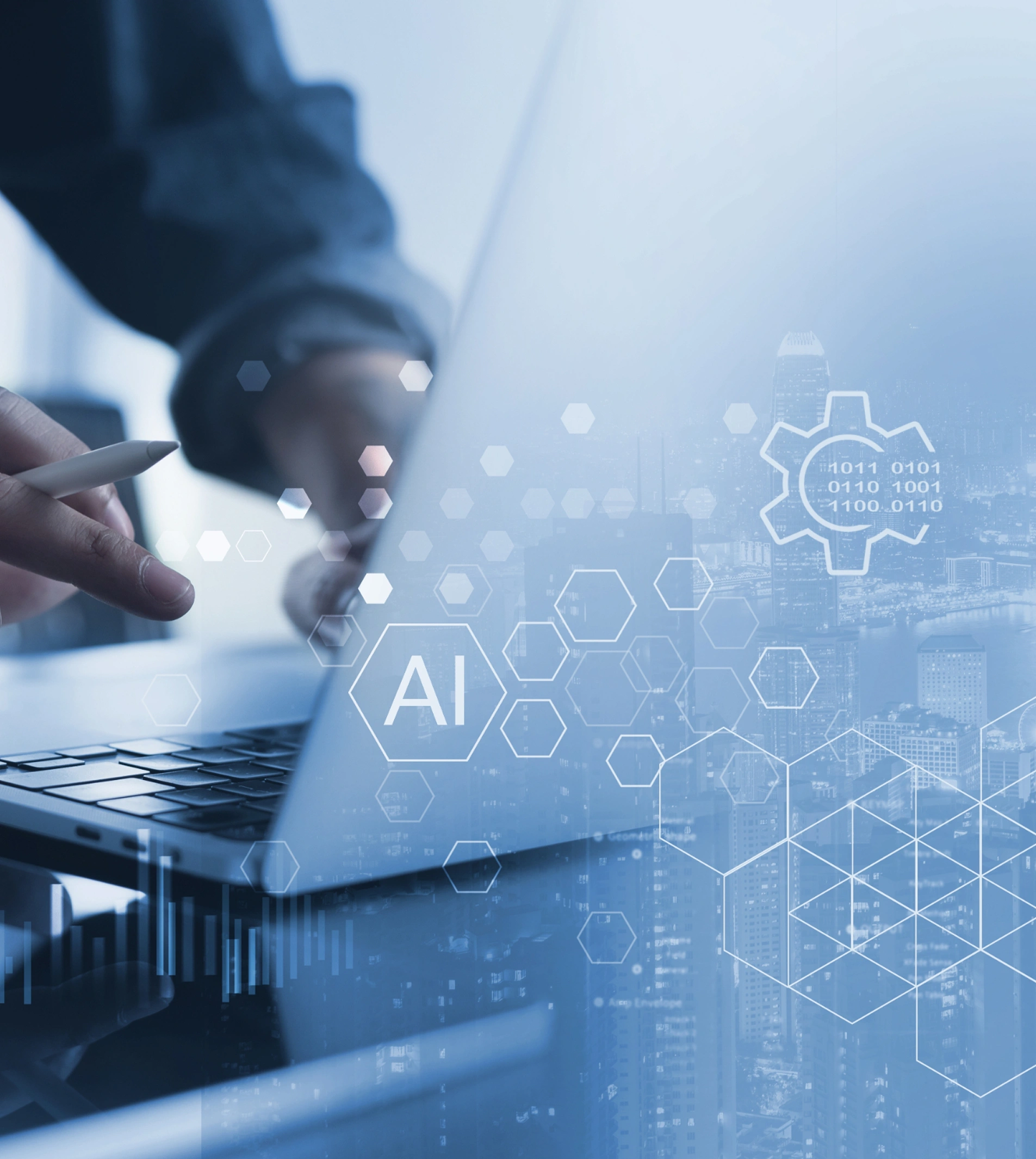 A person's hands are shown interacting with a laptop, with a graphic overlay featuring the letters AI inside a hexagon, binary code, a gear symbol