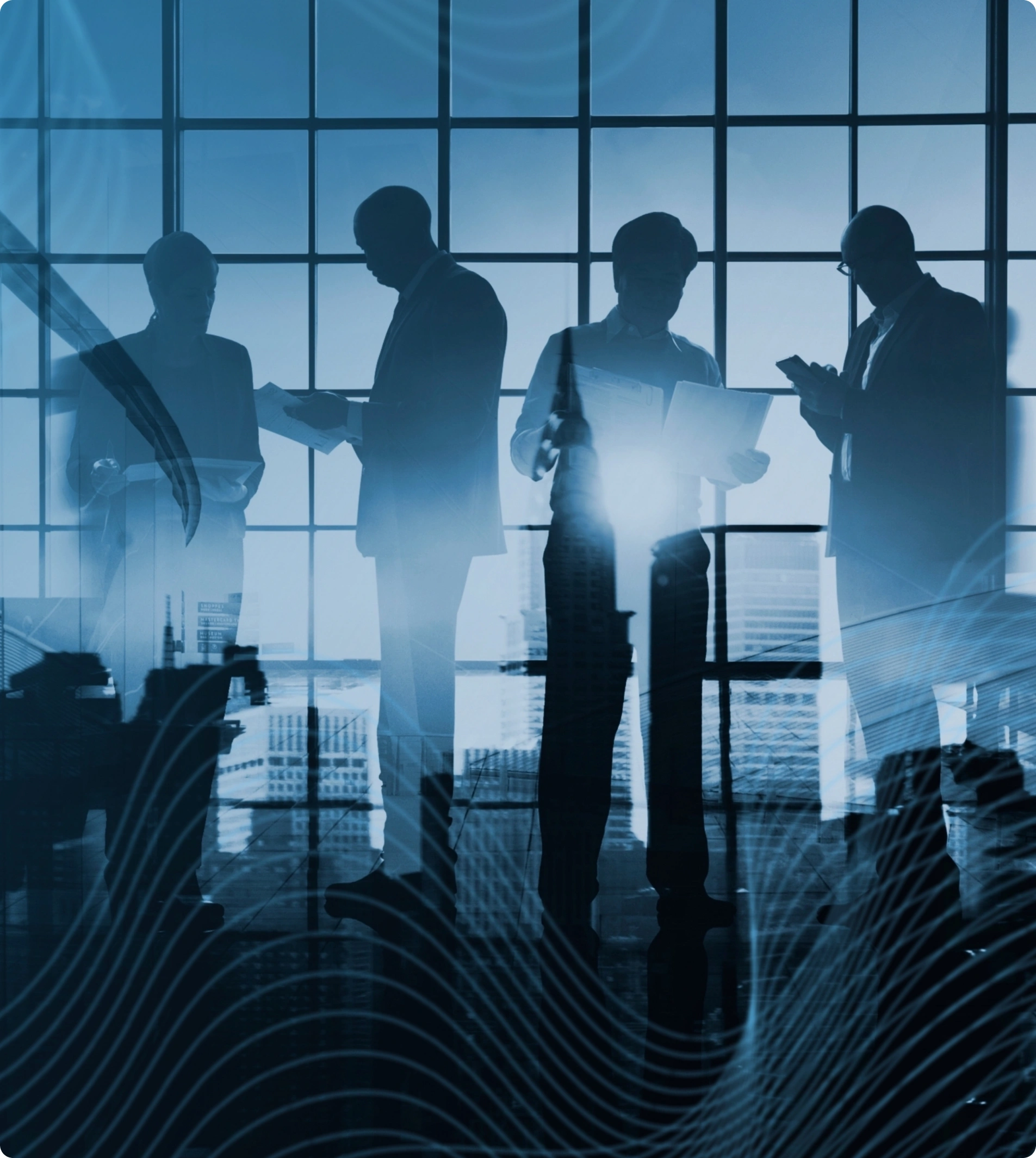 Silhouettes of business professionals standing in front of a large window overlooking a cityscape, with a double exposure of city buildings and abstract blue wavy lines.