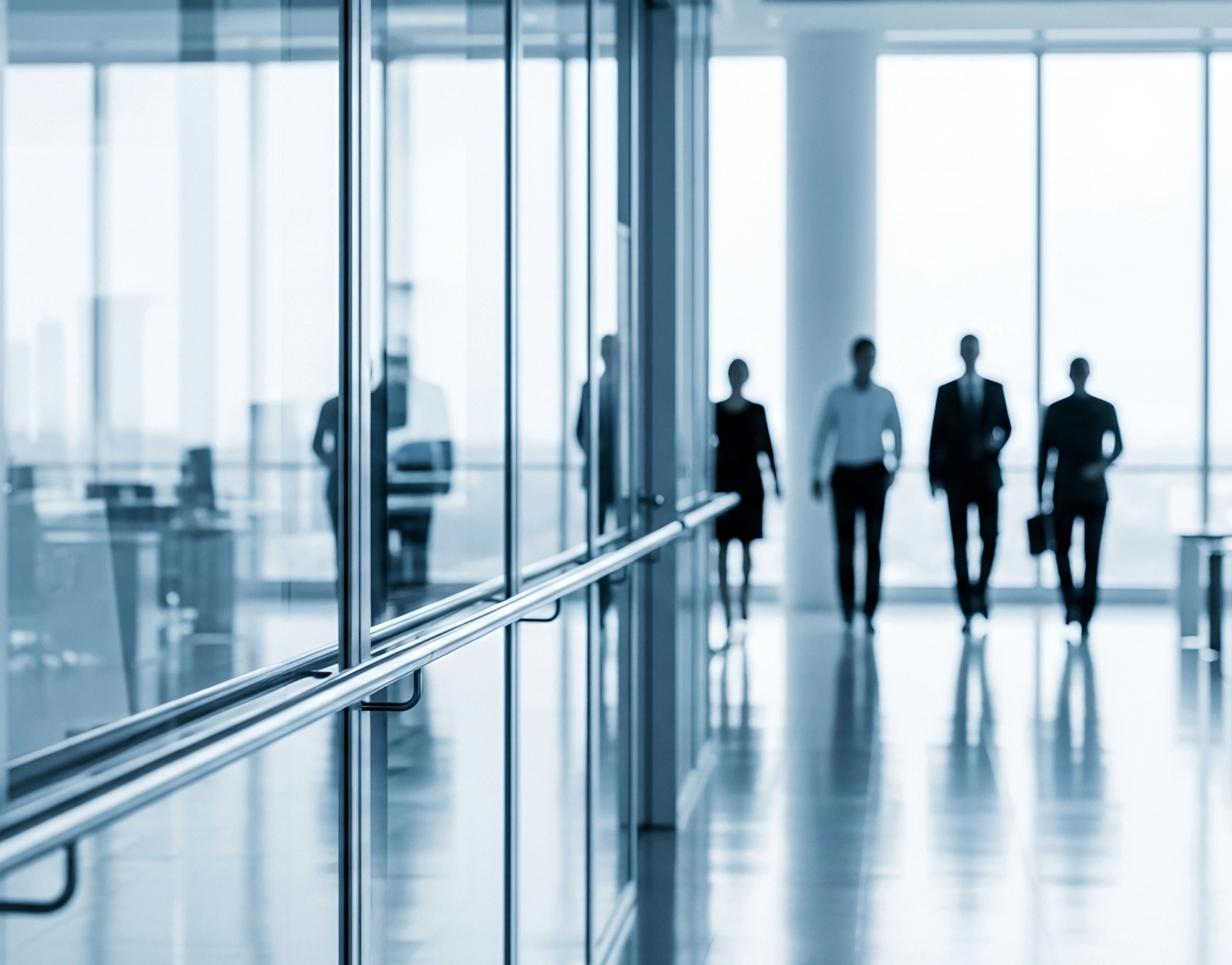 Silhouettes of professionals in business attire walking down a bright, modern office hallway with large windows.